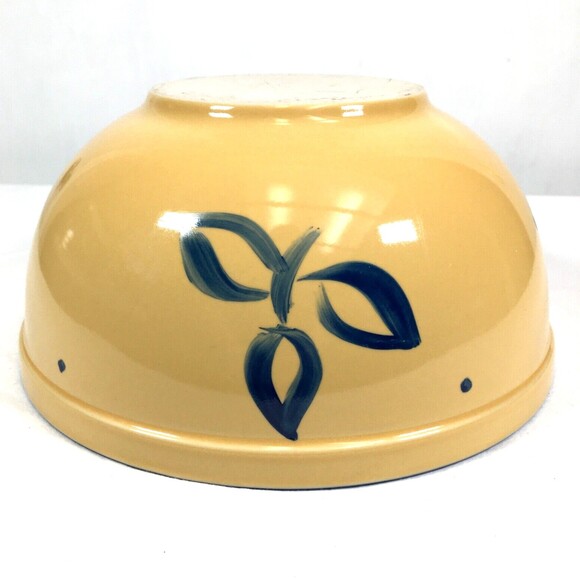 Vtg Yellow Ware Ceramic Blue Floral Leaf 8.5" Mixing Bowl Serving Farm Décor 452 - Picture 11 of 11